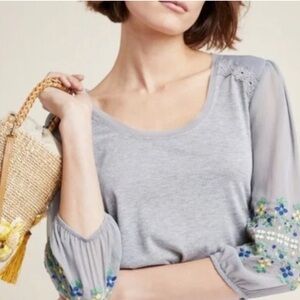 Anthropologie TINY Grey Blouse Embroidered Sheer Sleeves Long Sleeve Tee Shirt